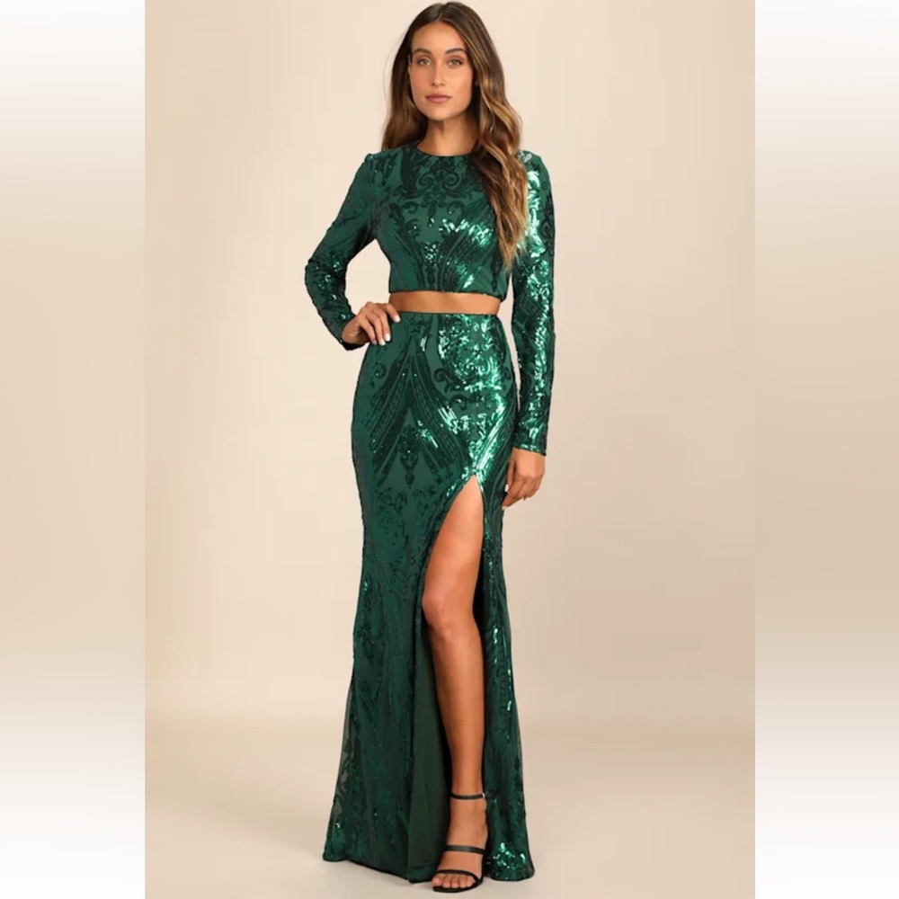 Lulus Luxe Aesthetic Green Sequin Long Sleeve Two-Piece Maxi Dress NWT